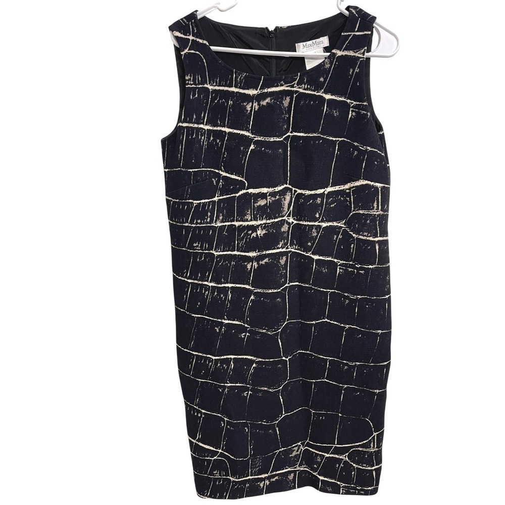 Max Mara 100% Wool Croc Print Sheath Dress Black Ivory US 12 Old Money Mob Wife
